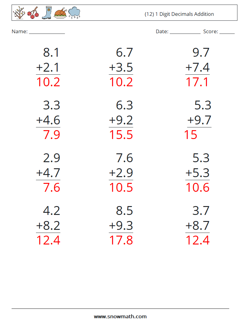 (12) 1 Digit Decimals Addition Math Worksheets 5 Question, Answer