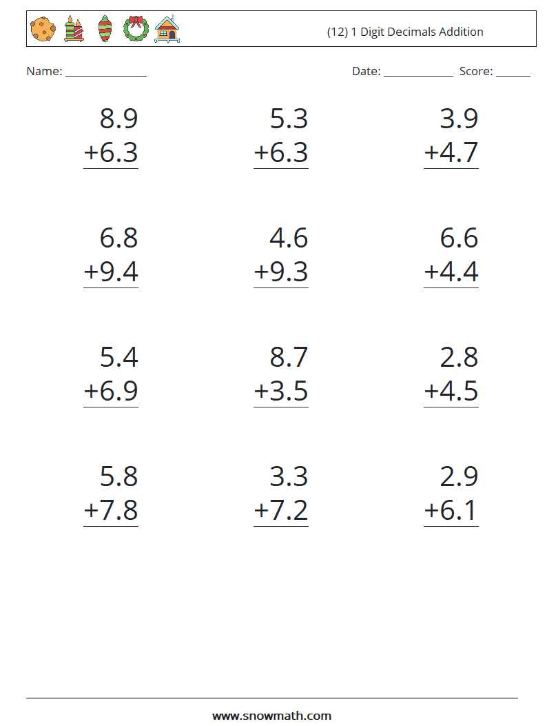 (12) 1 Digit Decimals Addition Math Worksheets 6