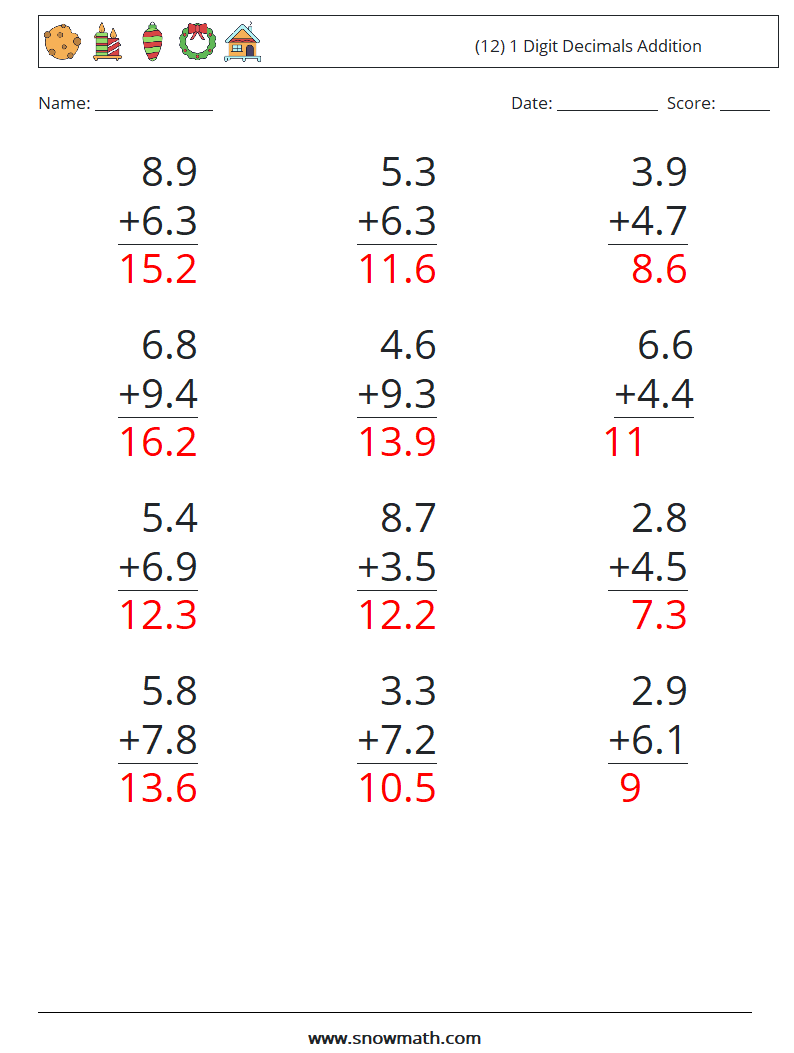 (12) 1 Digit Decimals Addition Math Worksheets 6 Question, Answer