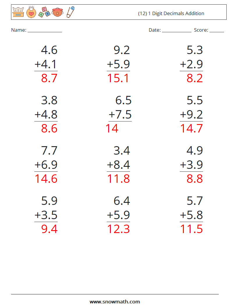 (12) 1 Digit Decimals Addition Math Worksheets 7 Question, Answer