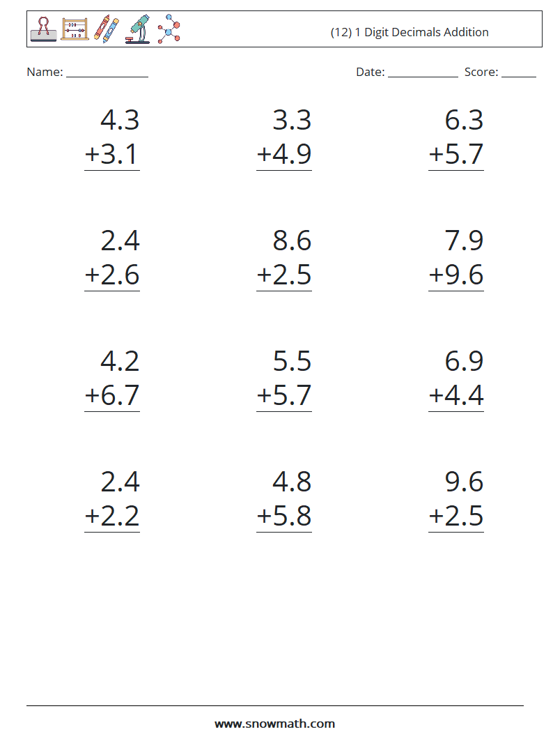 (12) 1 Digit Decimals Addition Math Worksheets 8