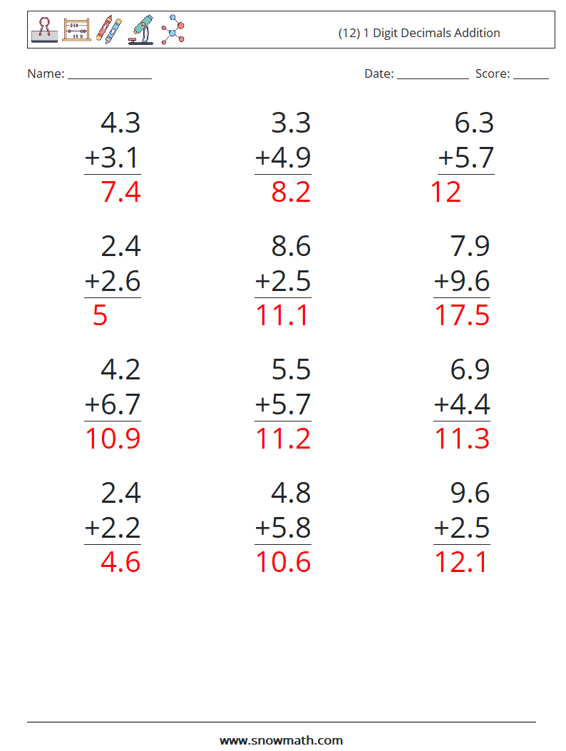 (12) 1 Digit Decimals Addition Math Worksheets 8 Question, Answer