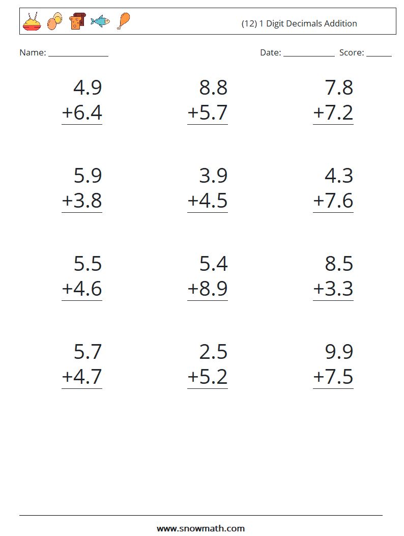 (12) 1 Digit Decimals Addition Math Worksheets 9