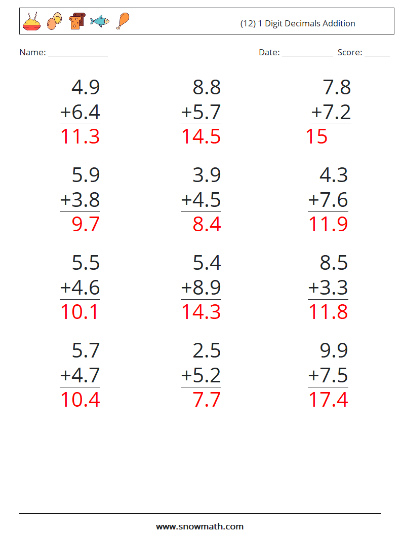 (12) 1 Digit Decimals Addition Math Worksheets 9 Question, Answer