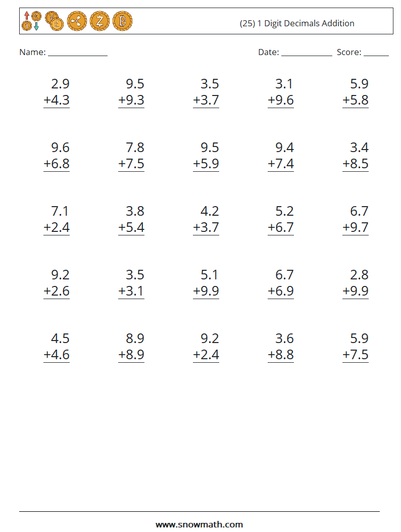 (25) 1 Digit Decimals Addition Math Worksheets 1