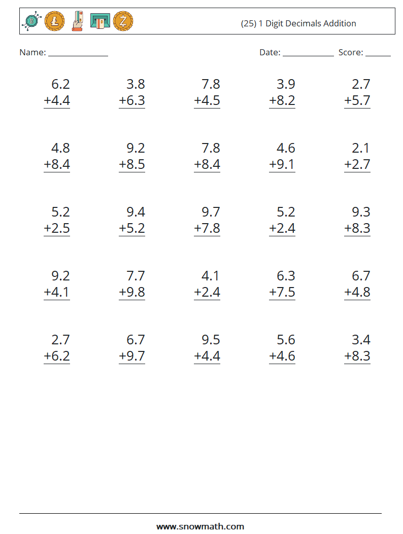 (25) 1 Digit Decimals Addition Math Worksheets 10