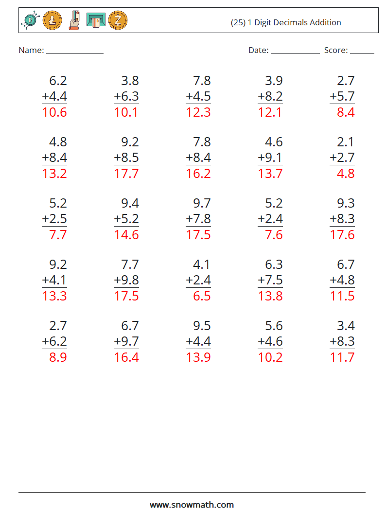 (25) 1 Digit Decimals Addition Math Worksheets 10 Question, Answer