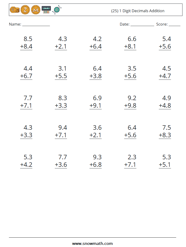 (25) 1 Digit Decimals Addition Math Worksheets 11