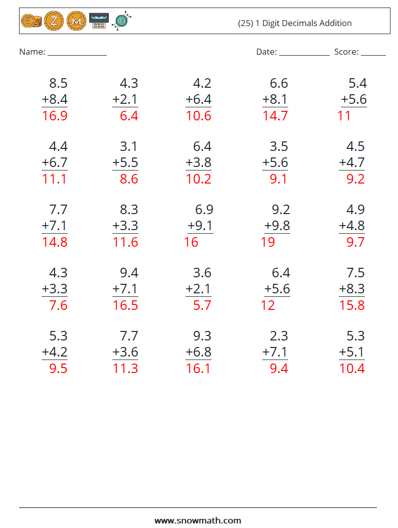 (25) 1 Digit Decimals Addition Math Worksheets 11 Question, Answer