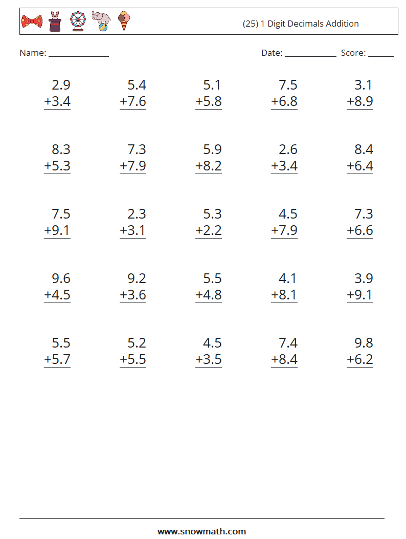 (25) 1 Digit Decimals Addition Math Worksheets 12