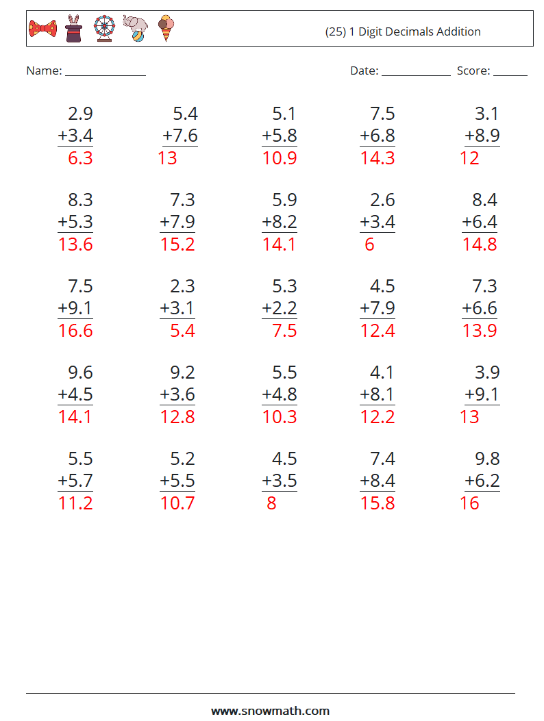 (25) 1 Digit Decimals Addition Math Worksheets 12 Question, Answer