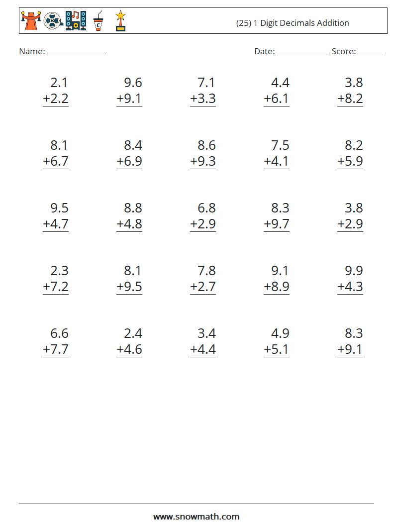 (25) 1 Digit Decimals Addition Math Worksheets 14