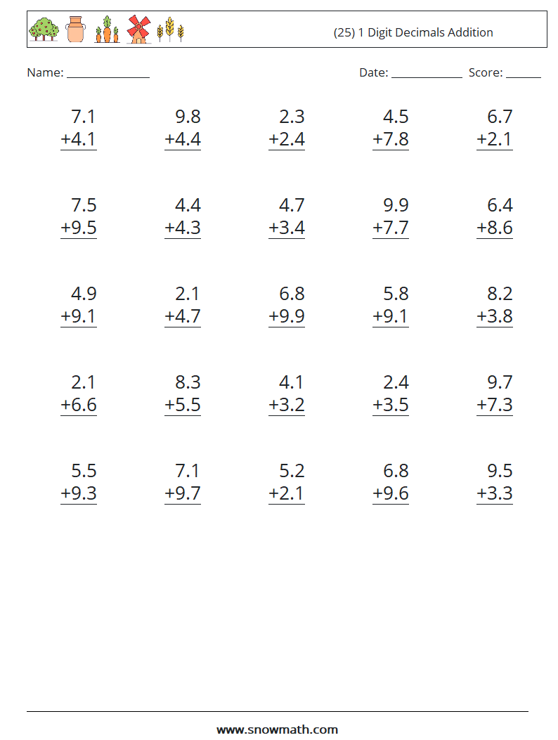 (25) 1 Digit Decimals Addition Math Worksheets 15