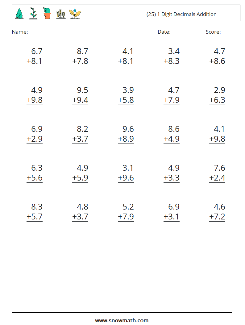 (25) 1 Digit Decimals Addition Math Worksheets 16