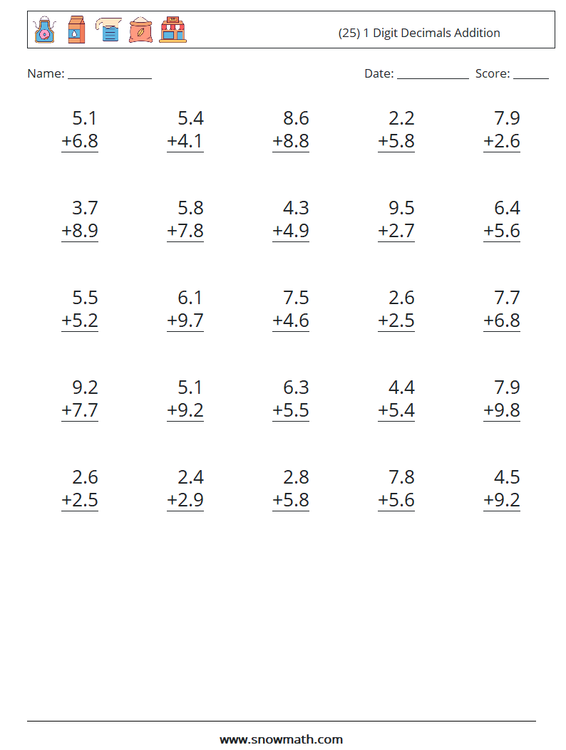 (25) 1 Digit Decimals Addition Math Worksheets 17