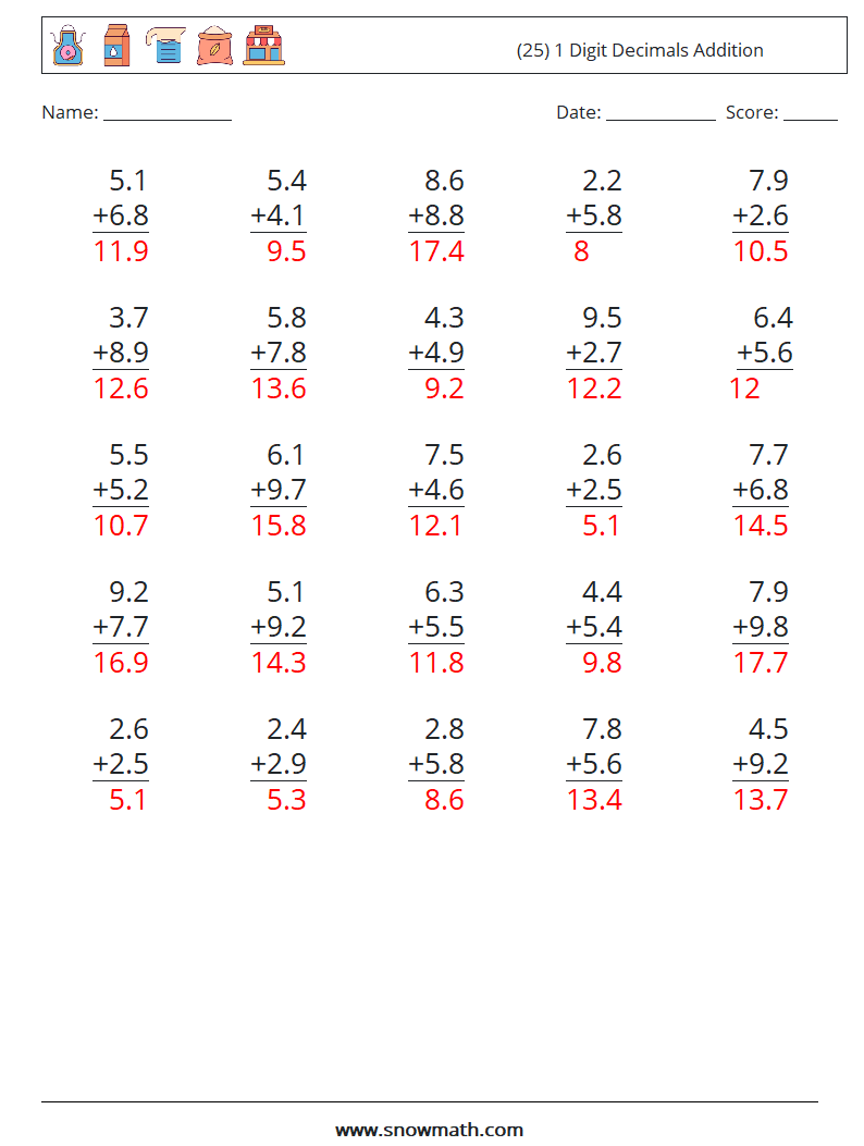(25) 1 Digit Decimals Addition Math Worksheets 17 Question, Answer