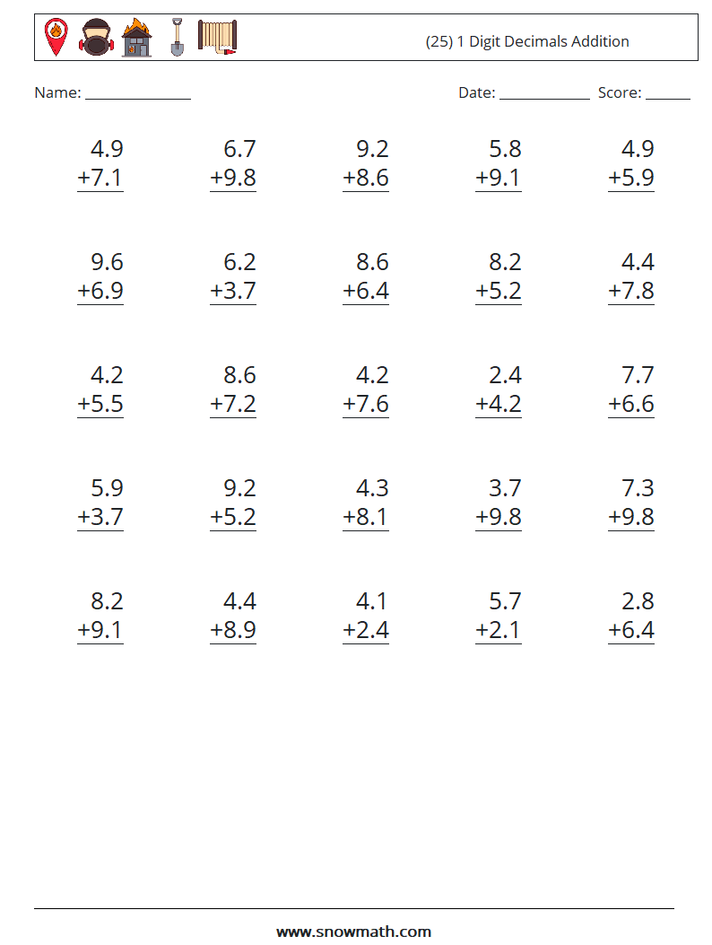 (25) 1 Digit Decimals Addition Math Worksheets 18