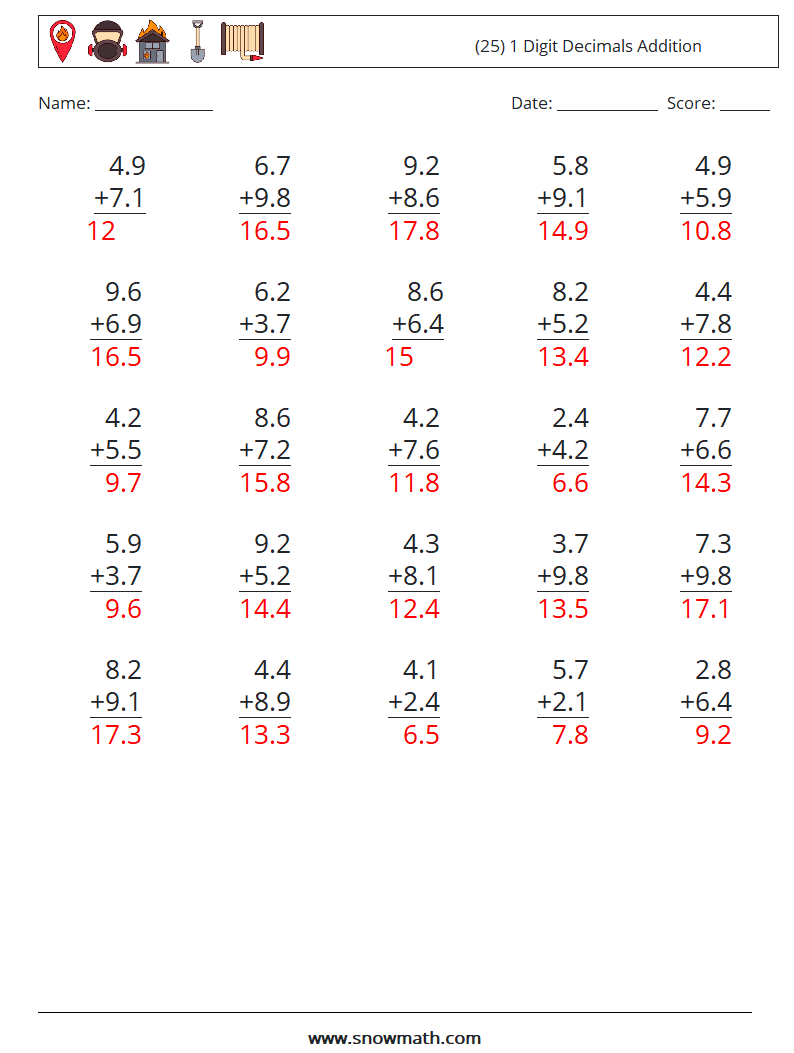 (25) 1 Digit Decimals Addition Math Worksheets 18 Question, Answer