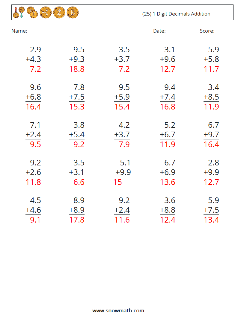 (25) 1 Digit Decimals Addition Math Worksheets 1 Question, Answer