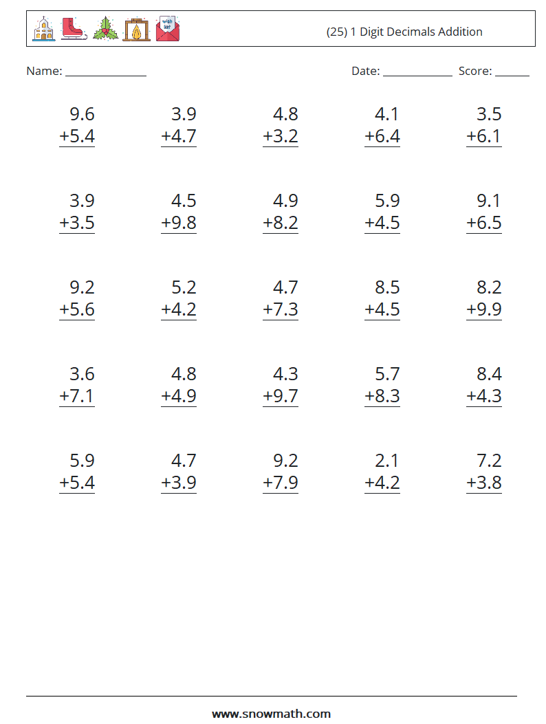 (25) 1 Digit Decimals Addition Math Worksheets 3