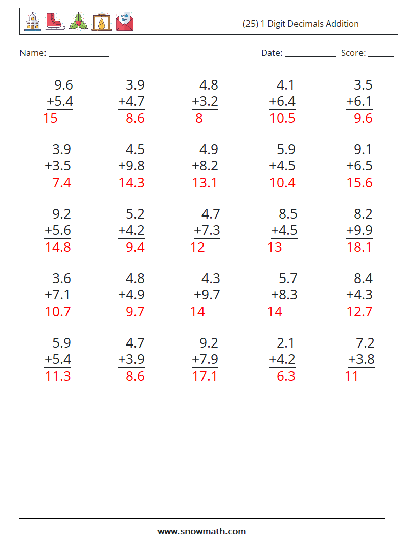 (25) 1 Digit Decimals Addition Math Worksheets 3 Question, Answer