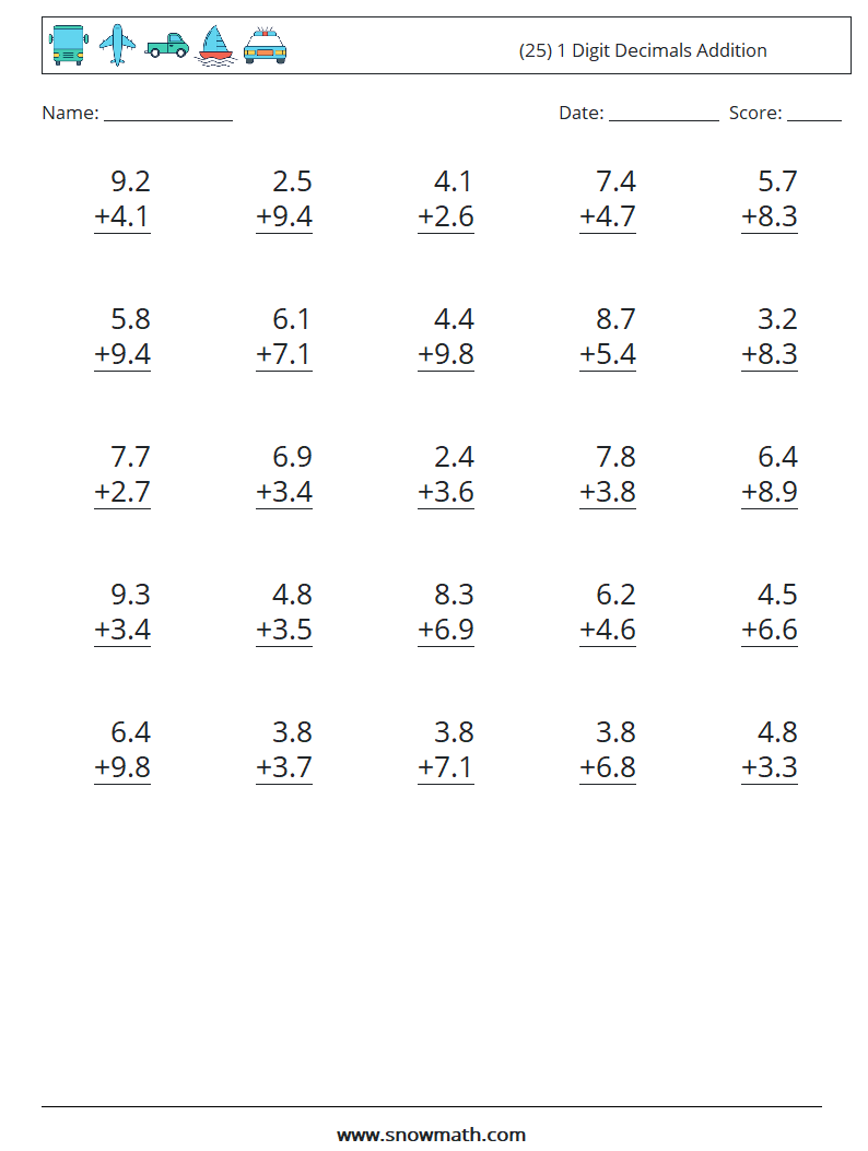 (25) 1 Digit Decimals Addition Math Worksheets 4