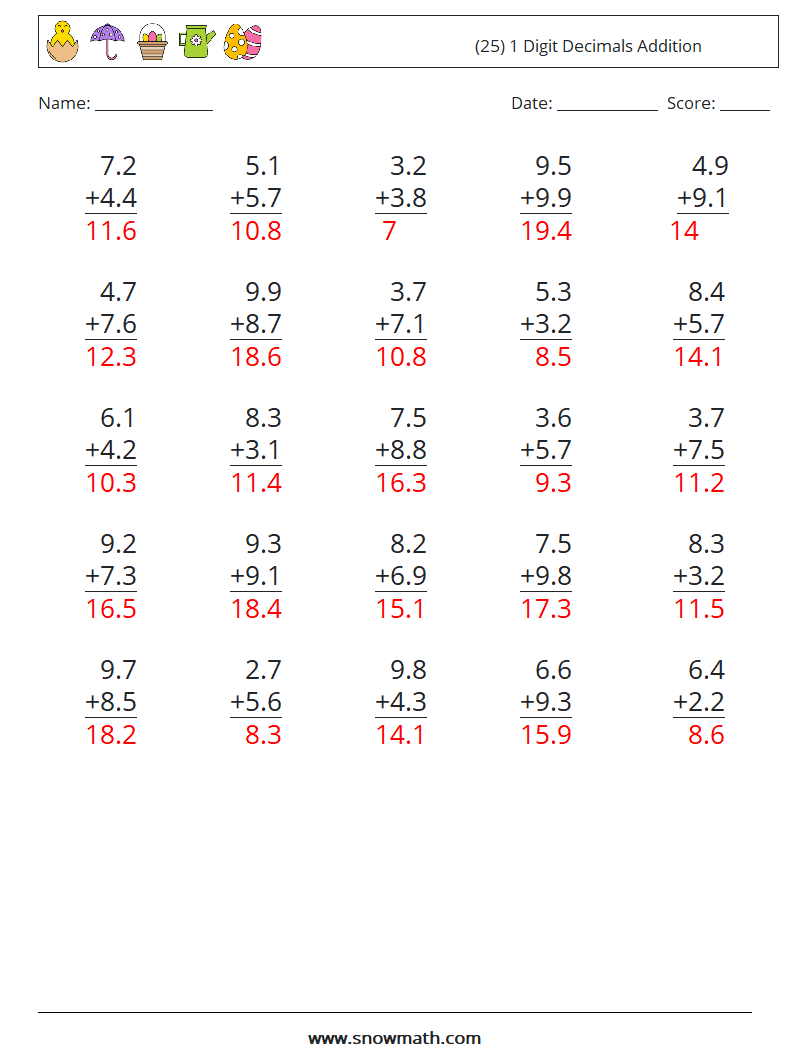 (25) 1 Digit Decimals Addition Math Worksheets 5 Question, Answer