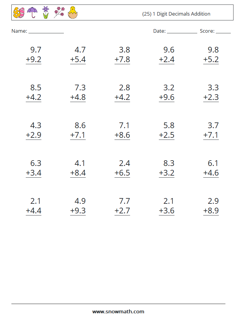 (25) 1 Digit Decimals Addition Math Worksheets 6