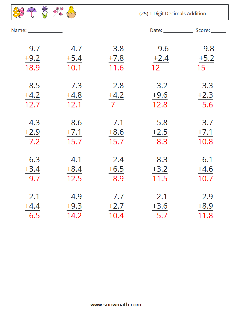 (25) 1 Digit Decimals Addition Math Worksheets 6 Question, Answer