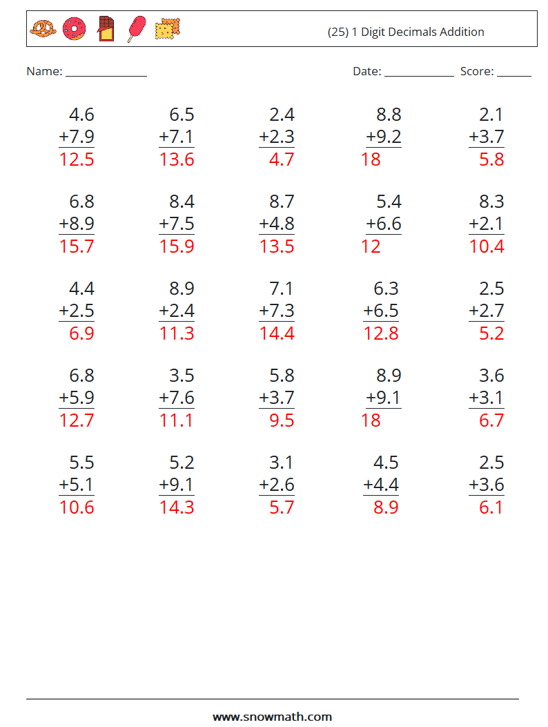 (25) 1 Digit Decimals Addition Math Worksheets 7 Question, Answer