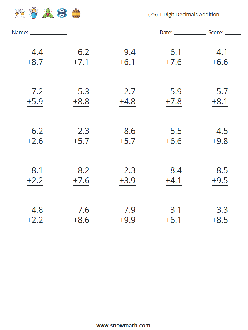 (25) 1 Digit Decimals Addition Math Worksheets 8