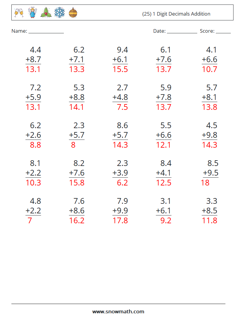 (25) 1 Digit Decimals Addition Math Worksheets 8 Question, Answer