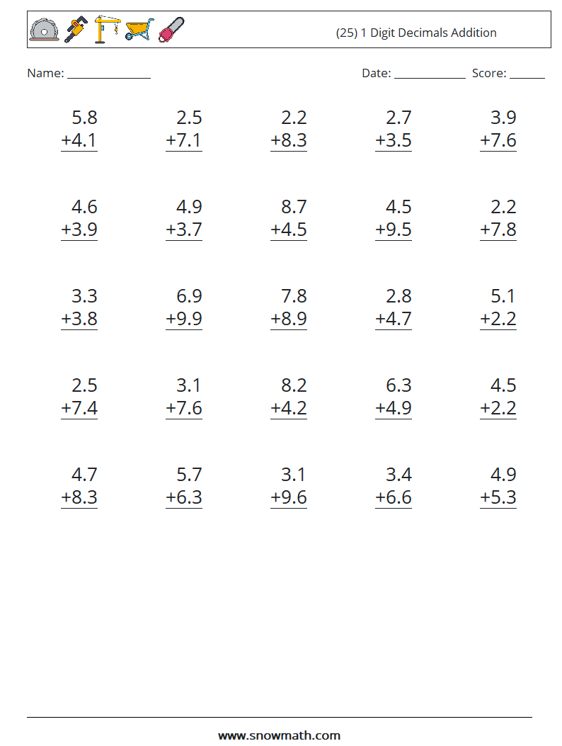 (25) 1 Digit Decimals Addition Math Worksheets 9