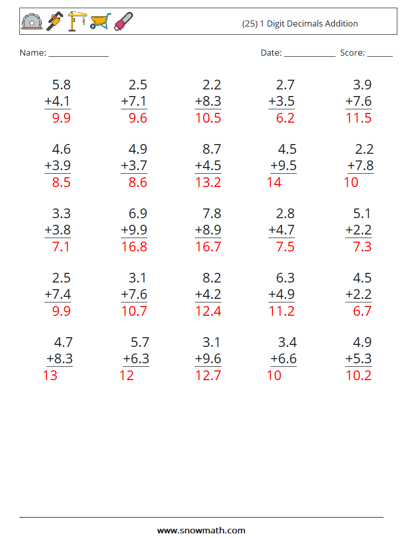 (25) 1 Digit Decimals Addition Math Worksheets 9 Question, Answer