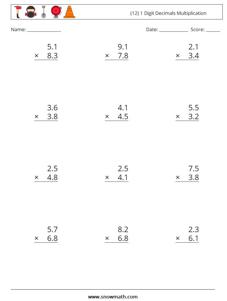 (12) 1 Digit Decimals Multiplication Math Worksheets 10