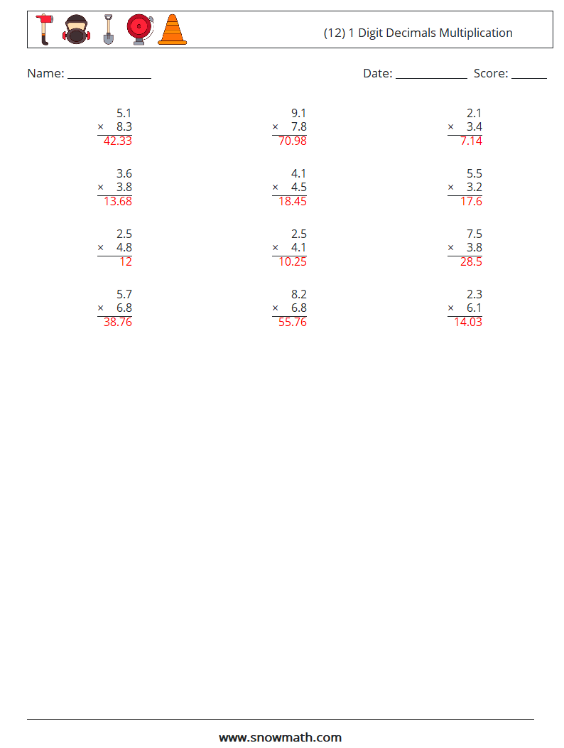 (12) 1 Digit Decimals Multiplication Math Worksheets 10 Question, Answer