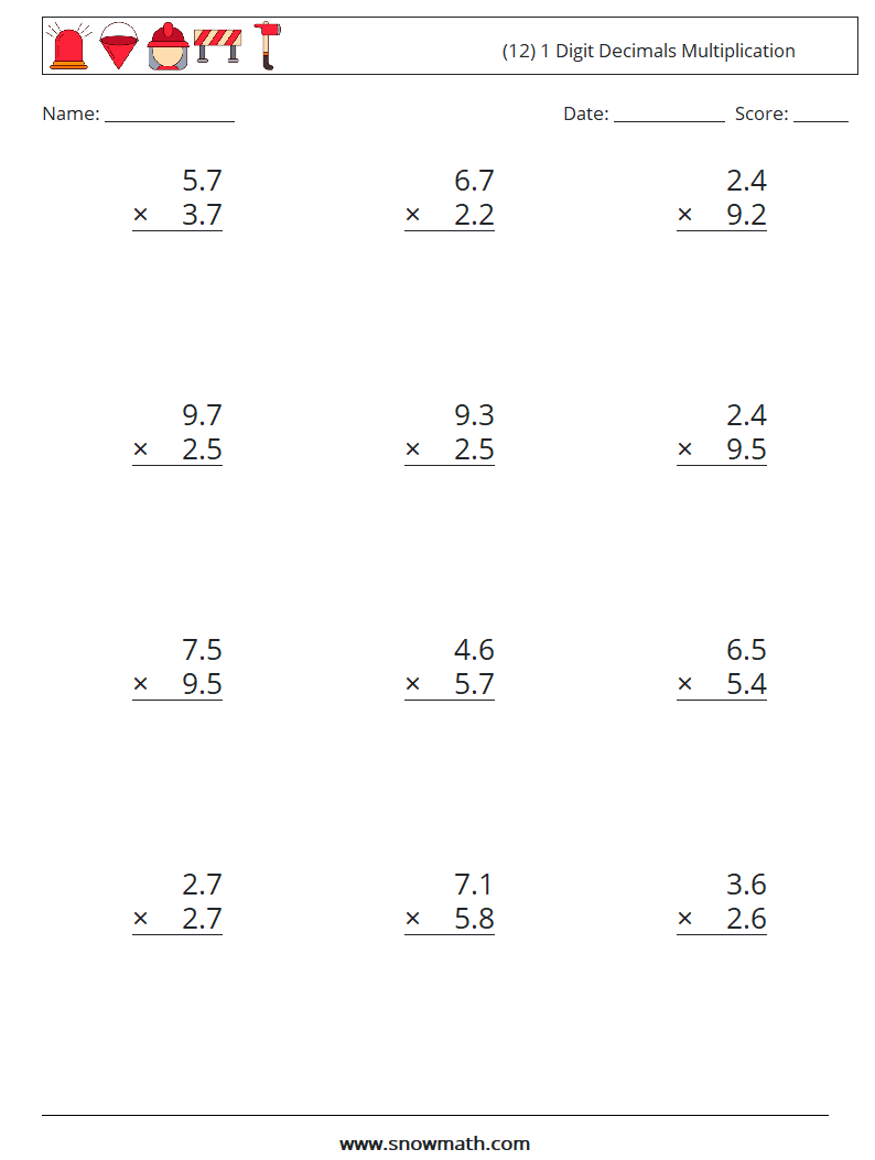 (12) 1 Digit Decimals Multiplication Math Worksheets 11