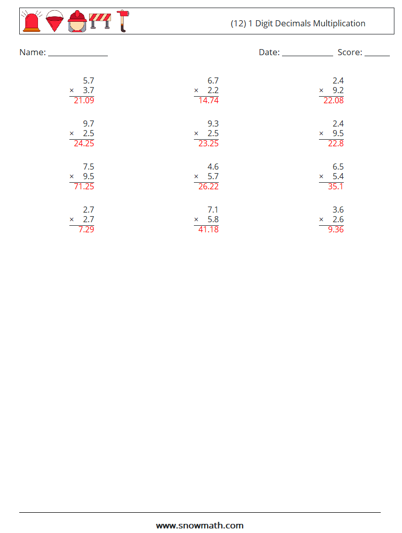 (12) 1 Digit Decimals Multiplication Math Worksheets 11 Question, Answer