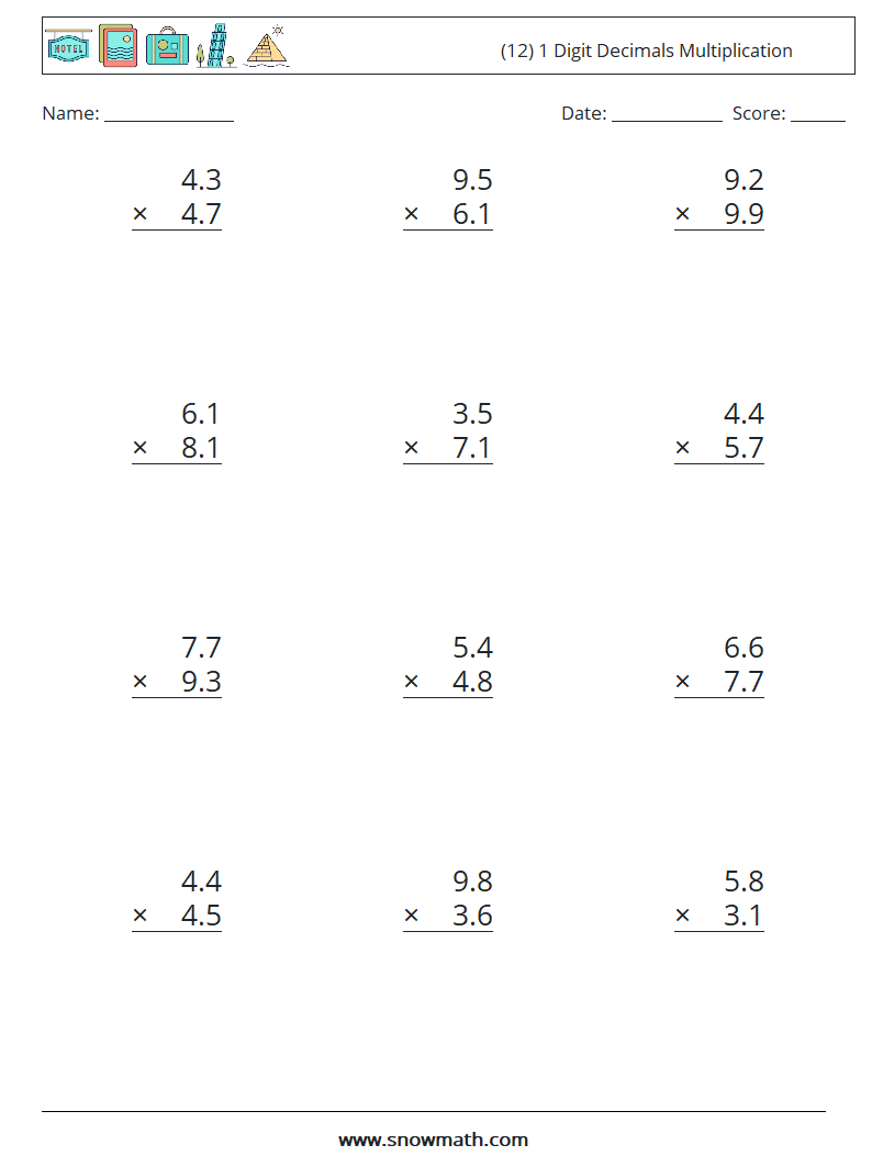 (12) 1 Digit Decimals Multiplication Math Worksheets 13