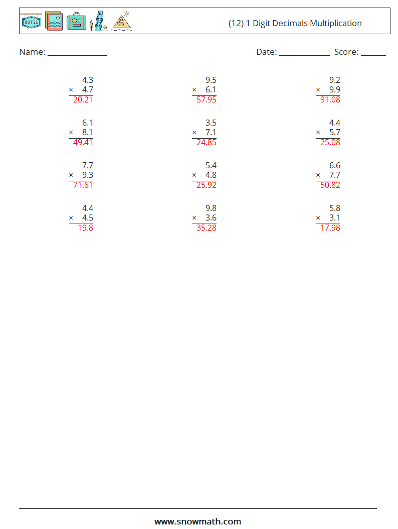 (12) 1 Digit Decimals Multiplication Math Worksheets 13 Question, Answer
