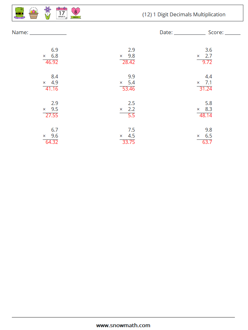(12) 1 Digit Decimals Multiplication Math Worksheets 15 Question, Answer