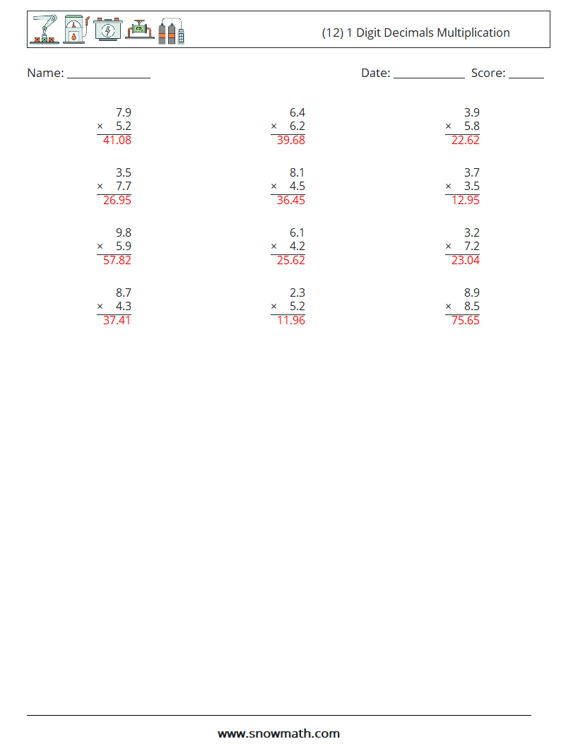 (12) 1 Digit Decimals Multiplication Math Worksheets 16 Question, Answer
