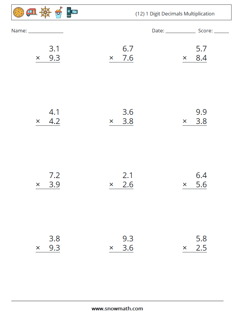 (12) 1 Digit Decimals Multiplication Math Worksheets 17