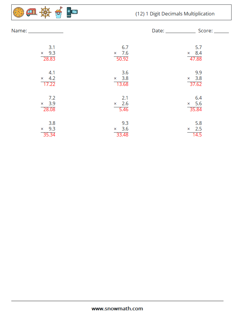 (12) 1 Digit Decimals Multiplication Math Worksheets 17 Question, Answer