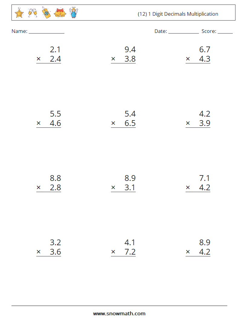 (12) 1 Digit Decimals Multiplication Math Worksheets 2