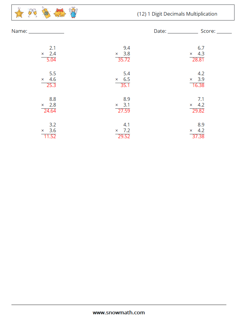 (12) 1 Digit Decimals Multiplication Math Worksheets 2 Question, Answer