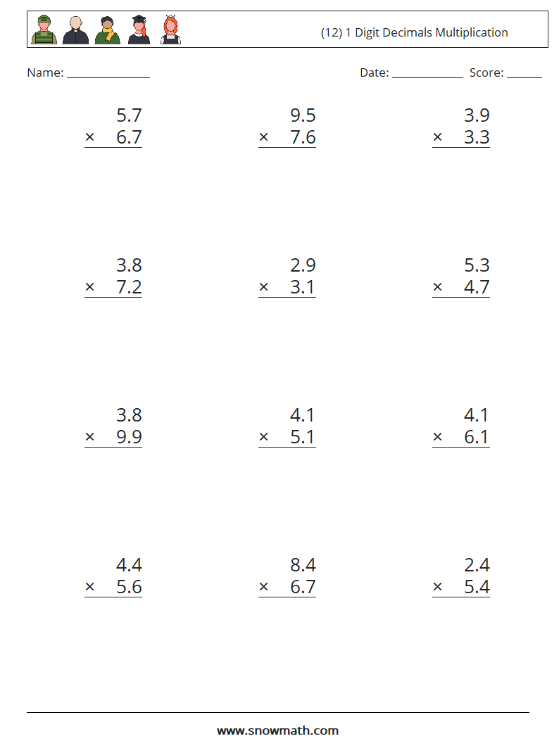 (12) 1 Digit Decimals Multiplication Math Worksheets 3