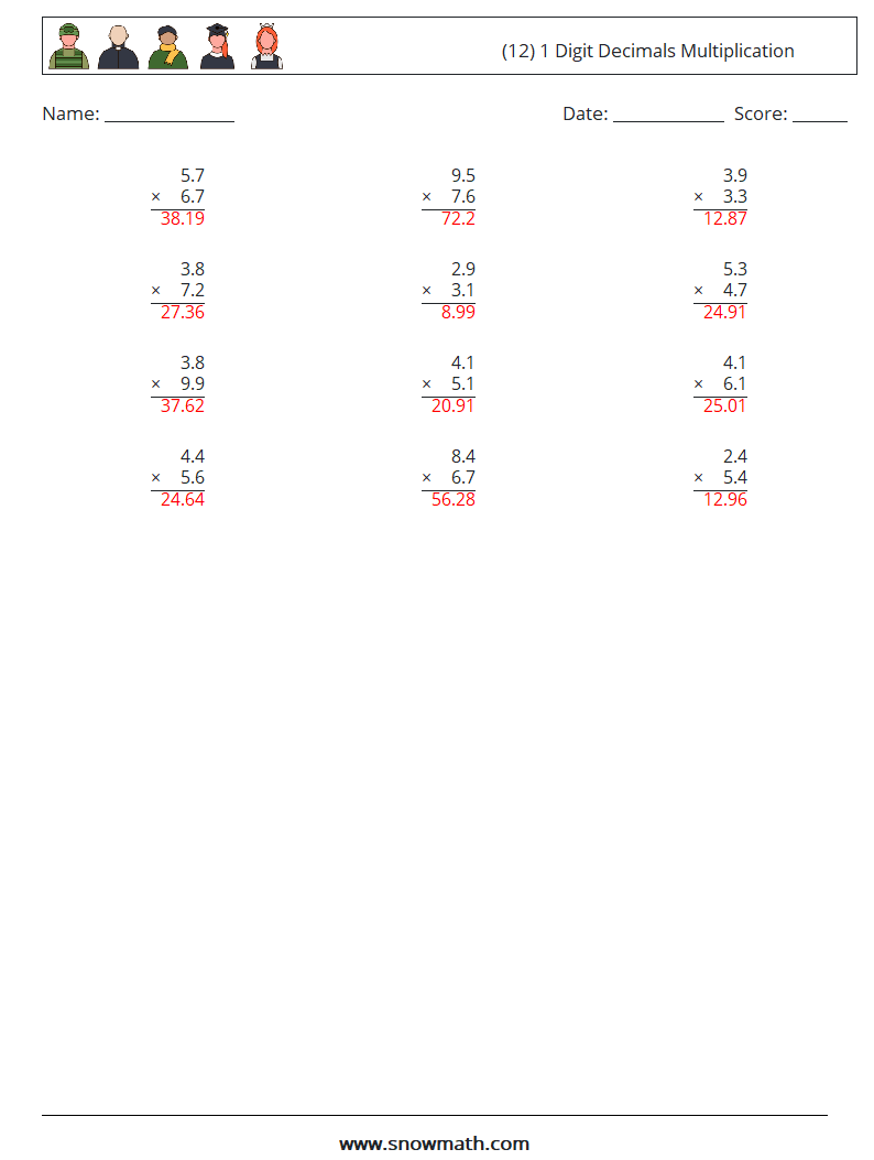 (12) 1 Digit Decimals Multiplication Math Worksheets 3 Question, Answer