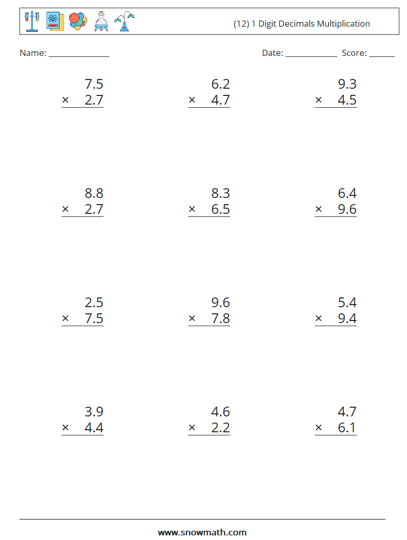 (12) 1 Digit Decimals Multiplication Math Worksheets 4