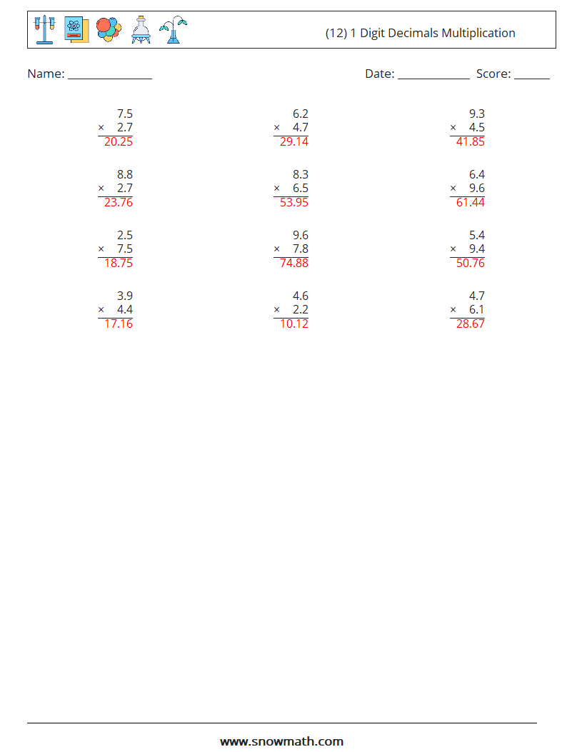 (12) 1 Digit Decimals Multiplication Math Worksheets 4 Question, Answer